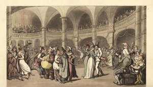 Veselí v kostýmech na maškarním plese ve velkém divadle od Thomas Rowlandson