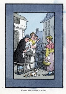 Brusič brousící nůž na brusném kotouči se svými klienty (1819). Dřevoryt podle obrazu Thomase Rowlandsona (1756-1827), publikovaný v The Cris of London: se šesti okouzlujícími dětmi a téměř 40 ilustracemi, Andrew Tuer, Fiel od Thomas Rowlandson