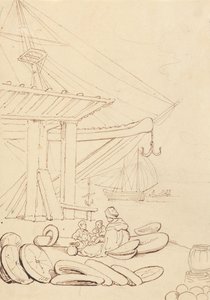 Náčrt ženy a dětí sedících na přístavním molu od Thomas Rowlandson