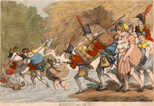 Vojáci na pochodu: „Sbalit si trosky a jít za bubnem“ od Thomas Rowlandson