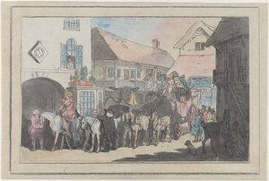Dostavník a jezdci na dvoře hostince, příprava k odjezdu, 1789-95., 1789-95. od Thomas Rowlandson