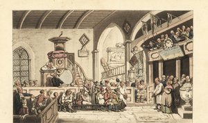 Nedělní bohoslužba ve venkovském kostele, éra regentství od Thomas Rowlandson