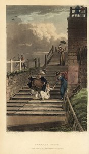 Terrace Steps: turisté sjedou po schodech Cliff Terrace. Ručně kolorovaná mědirytina Thomas Rowlandson, akvatinta J.C. Stadler, podle skici J. Greena z Poetical Sketches of Scarborough, Ackermann, Londýn od Thomas Rowlandson
