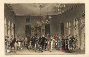Ball Room: módní turisté tančící ve Scarborough Assembly Rooms. Každý tančící gentleman platí 2 a každá dáma, která pije čaj, platí 1 s. Ručně kolorovaná mědirytina Thomase Rowlandsona podle skici J. Greena z Poetical Sketches od Thomas Rowlandson