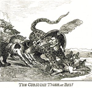 Štěkaný tygr korsický (Napoleon Bonaparte), karikatura 1808 od Thomas Rowlandson
