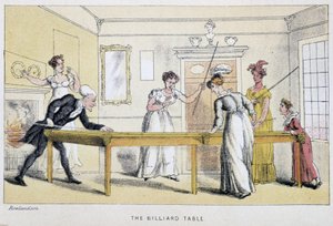 Billardův stůl ve filmu „Tři cesty doktora Syntaxe: hledání malebné útěchy a manželky“ od Williama Combe, ilustrovaný Rowlandsonem. London Edition, John Camden Hotten, Picadilly od Thomas Rowlandson