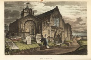 Kostel: staří turisté čtoucí náhrobky na gotickém hřbitově. Ručně kolorovaná mědirytina Thomas Rowlandson, akvatinta J.C. Stadler, podle skici J. Greena z Poetical Sketches of Scarborough, Ackermann, Londýn od Thomas Rowlandson