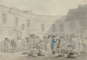 Celnice v Boulogne – verso: Grafitový náčrt koní, kočárů a budov (pero, inkoust a w/c na papíře) od Thomas Rowlandson