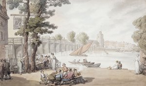The Old Swan Inn s výhledem na most Putney za ním, od Thomas Rowlandson