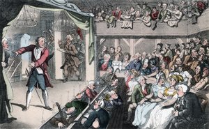 Jeviště, ilustrace z knihy Olivera Goldsmithe "Farář z Wakefieldu", vyd. Ackermann, 1817 (ručně kolorovaná akvatinta) od Thomas Rowlandson