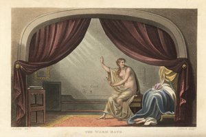 The Warm Bath: nahá žena, která se koupe za závěsy v místnosti Regency. Prý jde o portrét Mary Robinsonové, milenky krále Jiřího IV. Ručně kolorovaná mědirytina Thomas Rowlandson, akvatinta J. Bluck, podle skici J. Greena z P. od Thomas Rowlandson