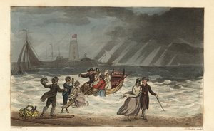 The Water Party: turisté opouštějí plavbu po moři kvůli špatnému počasí. Ručně kolorovaná mědirytina Thomas Rowlandson, akvatinta J.C. Stadler, podle skici J. Greena z Poetical Sketches of Scarborough, Ackermann, Londýn od Thomas Rowlandson