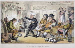 Doktor čte po probuzení - ve „“ třech cestách doktora Syntaxe: při hledání malebné útěchy a manželky“ od Williama Combe, nemocného. Rowlandson od Thomas Rowlandson