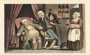 Sirotek Johnny se znovu shledal se svým otcem, doktorem Syntaxem. Starý muž má nohy v kbelících s teplou vodou, aby tišil dnu. Knihkupec, kuchařka a Betty Broomová přihlížejí. Ručně kolorovaná mědirytina Thomase Rowlandsona z The Hist Williama Combea od Thomas Rowlandson