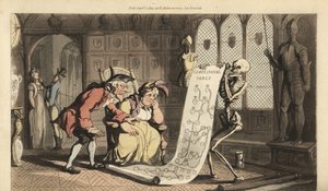 Kostlivec Smrt s přesýpacími hodinami ukazuje genealogický stůl dvěma postarším aristokratickým geneologům v místnosti s heraldickými štíty a brněními. Ručně kolorovaný mědiryt nakreslený a rytý Thomasem Rowlandsonem z Anglického tance smrti, od Thomas Rowlandson