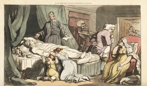 Kostra Smrti přichází pro Doktora, když se kněz modlí nad mrtvým tělem Dobrého muže, kterého oplakává jeho žena a dítě. Ručně kolorovaný mědiryt nakreslený a rytý Thomasem Rowlandsonem z The English Dance of Death, Ackermann, Londýn od Thomas Rowlandson