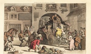 Kostra Smrti pomáhá velké matróně na osudnou Poslední fázi. Ručně kolorovaný mědiryt nakreslený a rytý Thomasem Rowlandsonem z The English Dance of Death, Ackermann, Londýn od Thomas Rowlandson