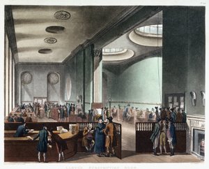 Pojišťovna Lloyd of London, která zahájila svou činnost v kavárně Edwarda Lloyda (zemřel 1713) na Tower Street v Londýně v 17. století. od Thomas Rowlandson