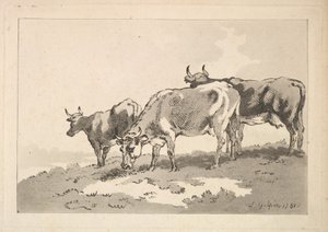 Tři krávy stojící na hřebeni pole, 1784-87. od Thomas Rowlandson