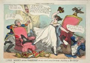 Tři týdny po svatbě aneb Velký malý císař hrající Bo-Peep, hospoda. 1810 (ručně kolorovaná rytina) od Thomas Rowlandson