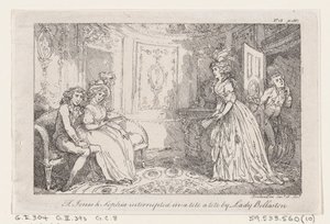 Tom Jones a Sophia přerušili v tete a tete od lady Bellastonové z The History of To..., 1792. od Thomas Rowlandson