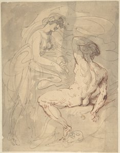 Žena hovořící s sedícím nahým mužem od Thomas Rowlandson