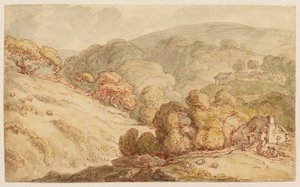 Zalesněná kopcovitá krajina s chalupou a postavami od Thomas Rowlandson