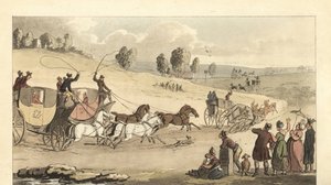 Mladí angličtí gentlemani závodící s kočáry se čtyřmi koňmi na silnici od Thomas Rowlandson