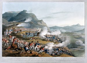Pohled na Sierra de Busaco v St. Antonio de Cantaro, zobrazující útok maršála Reignierse, vyrytý Charlesem Turnerem, publikoval 1812 (akvatinta)