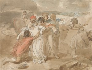 Žena zachráněná z moře a asistovaná na břehu, veslice a záchranáři v pozadí od Thomas Stothard