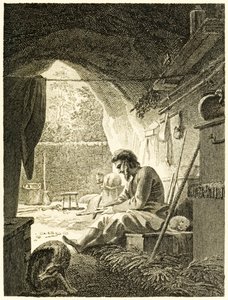 ?Robinson Crusoe při práci ve své jeskyni? z ?Život a podivná překvapivá dobrodružství Robinsona Crusoe nebo York, Mariner? od Daniela Defoe