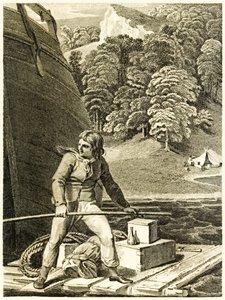 ?Robinson Crusoe na svém voru? z ?Život a podivná překvapivá dobrodružství Robinsona Crusoe nebo York, Mariner? od Daniela Defoe od Thomas Stothard