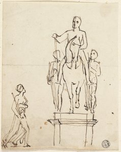 Socha jezdce v doprovodu dvou stojících postav s náčrtem jedné z posledních od Thomas Stothard
