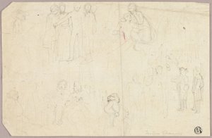 Skici pro Tristram Shandy (recto); Náčrtky medailonu se sedící alegorickou postavou (verze) od Thomas Stothard