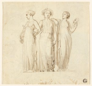 Tři múzy (recto); Studie rytíře a mnicha pro ilustraci v gotickém románu (verze) od Thomas Stothard