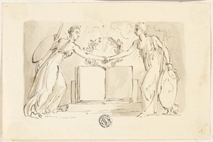 Dvě alegorické ženské postavy sepjaté ruce před knihou od Thomas Stothard