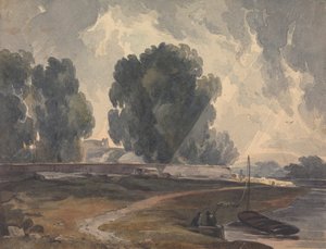 Krajina se stromy a jezero s postavami a lodí od Thomas Sully