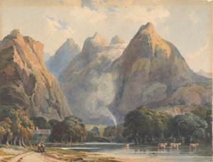 Horská scéna s potokem, krávami a postavami od Thomas Sully