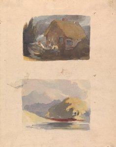 Dvě výkresy na jednom listu: chata s postavami vpředu (č. 15); Krajina s řekou a horámi - slunce (č. 16) od Thomas Sully