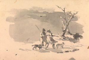 Dva lovci a dva psi v zimní scéně od Thomas Sully