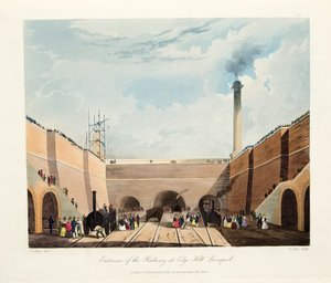 Vchod do železnice v Edge Hill, Liverpool, 1831 (ručně kolorovaná rytina) od Thomas Talbot Bury