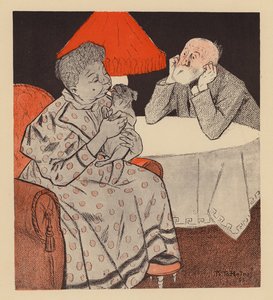 Manžel lituje, že po 25 letech manželství jeho žena zřejmě miluje svého domácího psa více než jeho (barevná litografie) od Thomas Theodor Heine