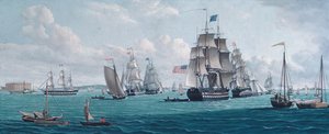 Americká loď Franklin, s výhledem na záliv New York, 20. nebo 30. léta 19. století. od Thomas Thompson