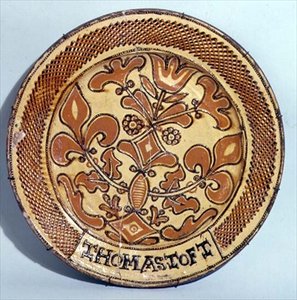 Staffordshire miska, cca 1680 (slipware) od Thomas Toft