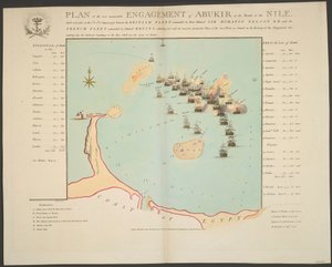 Plán památné bitvy u ABUKIRU v ústí řeky NILE, která se odehrála 1.  2. srpna 1798 mezi britskou flotilou pod velením kontraadmirála sira HORATIA NELSONA K.B. a francouzskou flotilou pod velením admirála BRUIYSE. od Thomas Vivares