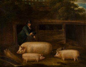 Harry Green, Pigman, se svými prasaty v chlívku, kolem 1794-1843 (olej na plátně)
