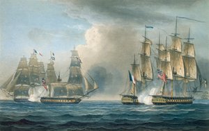 Zajetí Pomone HMS Arethusa u Kuby v roce 1806, vyryto T. Sutherlandem pro „Námořní chronologii Velké Británie“ od J. Ralfe, vydáno 1820