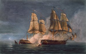 Zachycení Thetis HMS Amethyst, 10. listopadu, 1808, vyryto T. Sutherlandem pro „Námořní chronologii Velké Británie“ od J. Ralfe, vydáno 1820