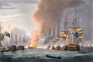 Zničení dánské flotily před Kodaní, 2. dubna 1801, vyryto Thomasem Sutherlandem pro „Naval Achievements“ J. Jenkinse, 1816