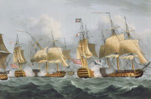 Lord Howe v Queen Charlotte, Breaking the Enemy Line, 29. května 1794, vyryto Thomasem Sutherlandem pro „Naval Achievements“ J. Jenkinse, 1816 (barevná rytina)